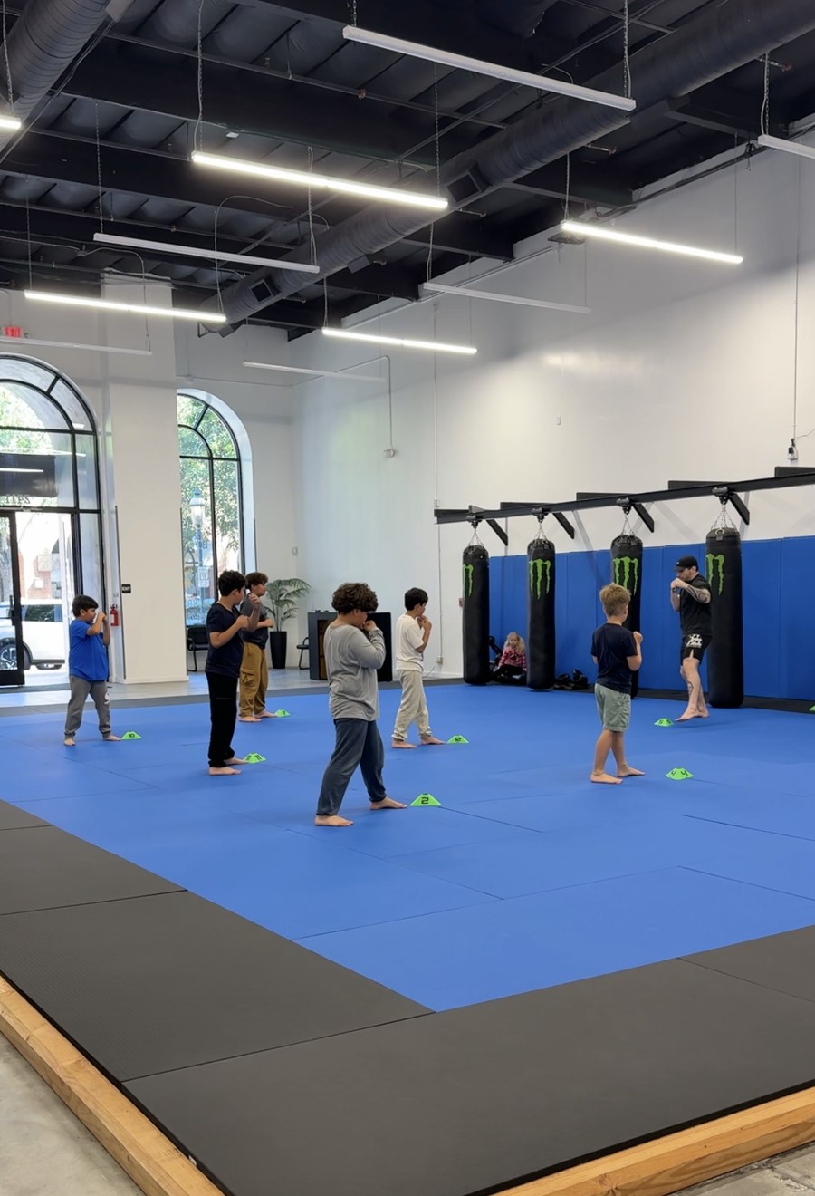 Kids lined up practicing kicks